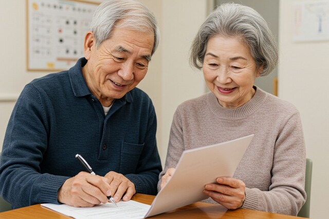 書類に記入をする高齢夫婦