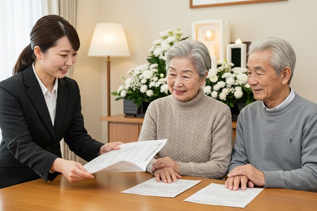 高齢者夫婦に説明をする女性